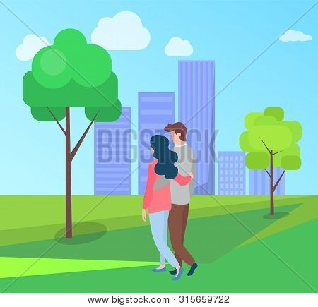 Embracing People In Love And Summer Season, Man And Woman Walking Outdoors, Buildings On Background.
