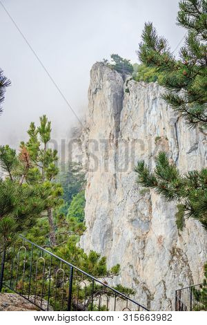 Ai-petri Mountain In The Fog. High Mountain. Crimea. Russian Mountains. Low Clouds. Beautiful Mounta