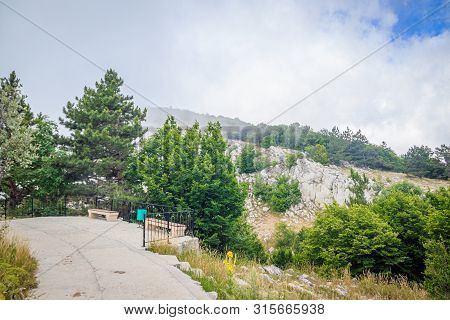 Ai-petri Mountain In The Fog. High Mountain. Crimea. Russian Mountains. Low Clouds. Beautiful Mounta