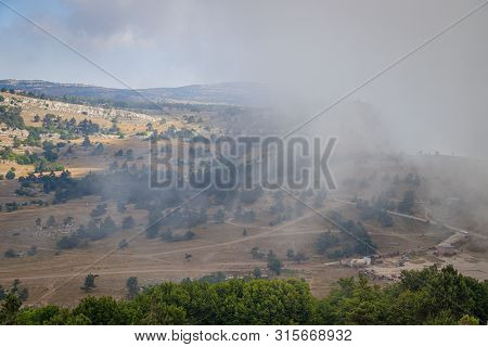 Ai-petri Mountain In The Fog. High Mountain. Crimea. Russian Mountains. Low Clouds. Beautiful Mounta