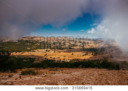 Ai-petri Mountain In The Fog. High Mountain. Crimea. Russian Mountains. Low Clouds. Beautiful Mounta