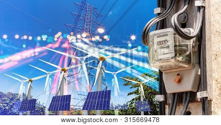 Electric Energy Measuring Meters To Agriculture. High Power Sky, Beautiful Sunset