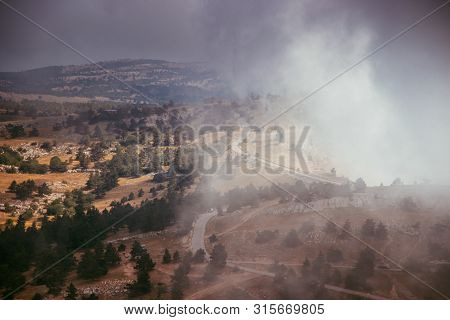 Ai-petri Mountain In The Fog. High Mountain. Crimea. Russian Mountains. Low Clouds. Beautiful Mounta