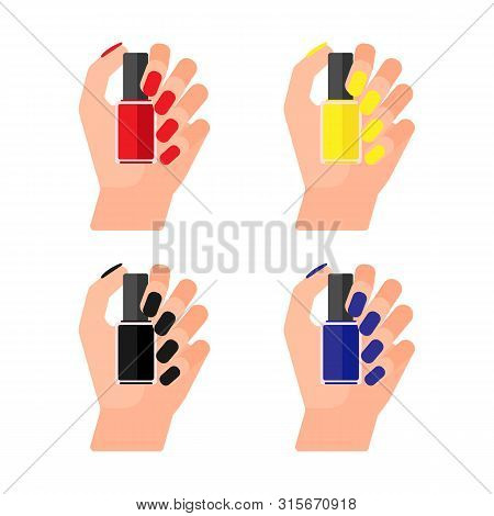 Girl Holds Bottle Of Varnish In Her Hand. Female Hands With Nail Polish. Coat Your Fingernails With 