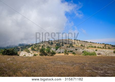 Ai-petri Mountain In The Fog. High Mountain. Crimea. Russian Mountains. Low Clouds. Beautiful Mounta