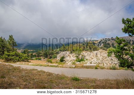 Ai-petri Mountain In The Fog. High Mountain. Crimea. Russian Mountains. Low Clouds. Beautiful Mounta
