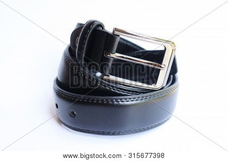 Closeup Black Leather Belt On White Background