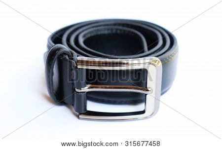 Stylish Black Leather Belt On Isolated White Background