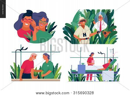 Set Of Medical Insurance Illustrations -opticians Shop, Hospitalization, Rehabilitation Physiotherap