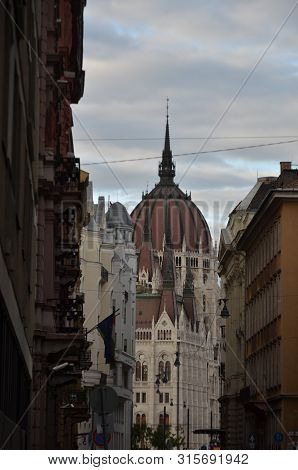 The Part Of Building Of Budapest Parliment Hungary During The Cloud Day