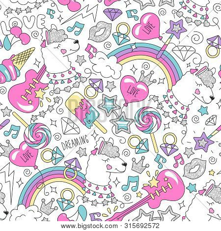 Cute Llama Pattern On A White Background. Colorful Trendy Seamless Pattern. Fashion Illustration Dra