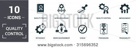 Quality Control Icon Set. Contain Filled Flat Procedure, Infrastructure, Traceability, Work Environm