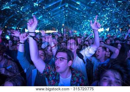 Cheerful Partying Crowd Of People At Music Festival