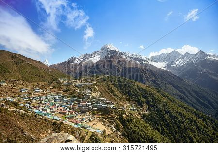 Namche Bazaar Aerial View, Mount Thamserku, Everest Trek, Himalaya, Nepal