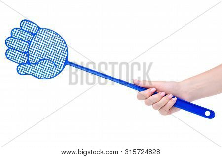 Blue Fly Swatter In Hand On A White Background Isolation