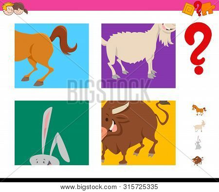 Cartoon Illustration Of Educational Game Of Guessing Farm Animals Species Characters For Kids