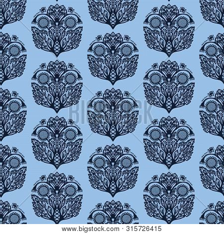 Indigo Blue Flower Motif Japanese Style. Pattern. Hand Drawn Paisely Drop Dyed Damask Textiles. Deco