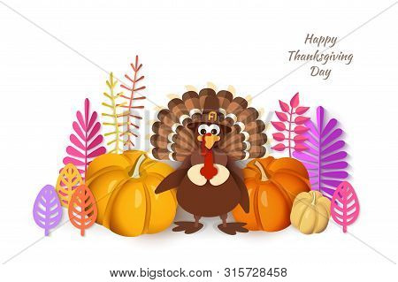 Thanksgiving Day. Advertising Design With Traditional Turkey In A Hat, Pumpkins, Autumn Leaves In Th
