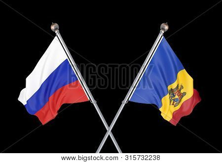 Russia Vs Moldavia. Thick Colored Silky Flags Of Russia And Moldavia. 3d Illustration On Black Backg