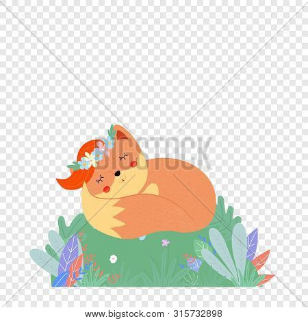 Cute Fox In Flower Wreath Sleep On Green Field, Woodland Doodle Animal, Foxy Life Isolated On Transp
