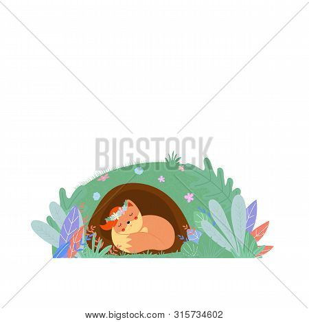 Cute Fox In Flower Wreath Sleep In Foxhole Isolated On White Background, Woodland Sweet Animal Kids 