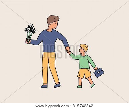 Young Dad Taking First Grader To School. Smiling Father Holds His Son Hand Carry Flowers And Schoolb