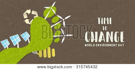 World Environment Day Banner Illustration For Green Energy Concept. Human Footprint With Solar Panel