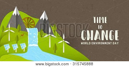 World Environment Day Illustration For Ecology Concept. Natural Ecosystem Landscape With Green Energ