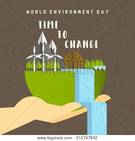 World Environment Day Illustration For Ecology Concept. Hand Holding Earth Planet With Green Energy 