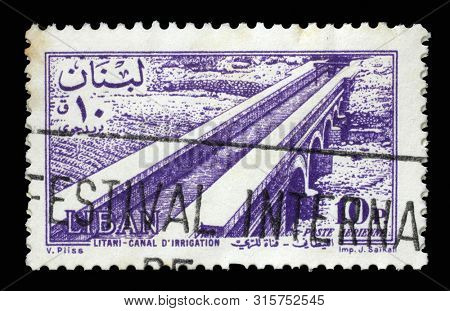 ZAGREB, CROATIA - SEPTEMBER 18, 2014: A stamp issued in the Lebanon shows Irrigation Canal at Litani, circa 1957.