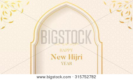 Happy New Hijri Year Banner. Islamic Holiday Background With Golden Arch And Traditional Pattern. Ve