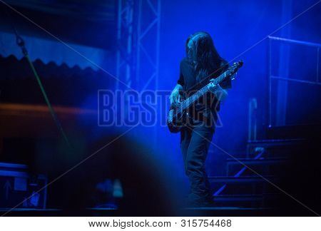 Sibiu, Romania - July 26, 2019: John Myung Bass Player Of The Progressive Metal Band Dream Theater P