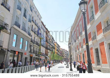 Madrid Spain - May 27, 2019: Unidentified People Visit Calle Carretas Shopping Street Madrid Spain
