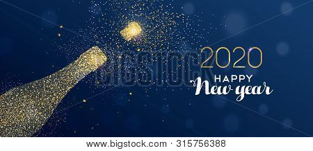 New Year 2020 Luxury Banner Illustration, Champagne Bottle Made Of Gold Glitter Texture On Festive V