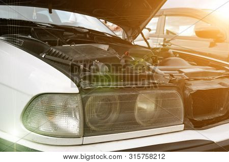 Open Car Engine Hood. Checking The Condition Of The Engine, An Electronic System To Carefully Check 