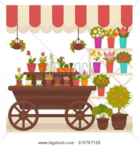 Trade striped tent with natural flowers and indoor plants in clay and ceramic pots on wooden cart, creamy color stand and suspended from ceiling isolated  illustration on white background.