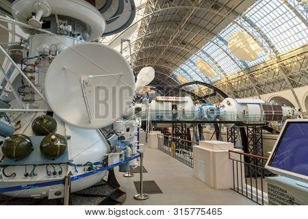 Moscow, Russia - November 28, 2018: Interior exhibition in the Space pavilion at VDNH. Modern museum of russian cosmos exploration