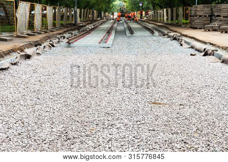 Repair Of Tram Tracks In Moscow City - Laying Of New Rails On The Tram Track On Crushed Stone
