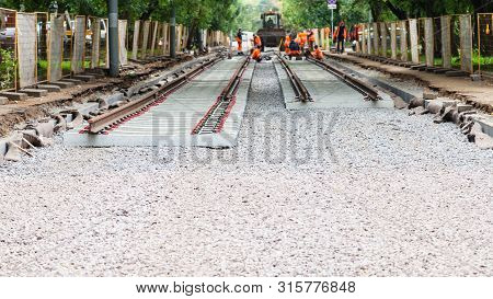 Repair Of Tram Tracks In Moscow City - Laying Of New Rails Of Tramroad On Concrete Sleepers
