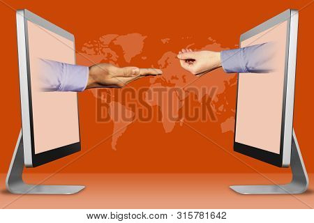 Information Concept, Hands From Computers. Pleading Gesture And Pleading Gesture . 3d Illustration