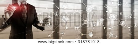 Ommunication Network. Horizontal Panoramic Business Background. Organisational Structure On Virtual 