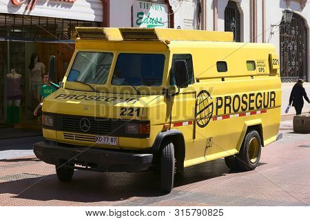 La Serena, Chile - February 19, 2015: Prosegur Armored Cash Transport Car In The City Center On Febr