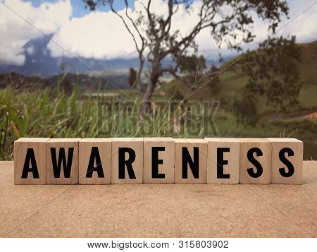 Motivational And Inspirational Word - Awareness Written On Wooden Blocks. Blurred Styled Background.