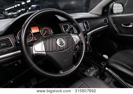 Novosibirsk, Russia - July 17, 2019:  Ssangyong Actyon, Close-up Of The Dashboard, Speedometer, Tach