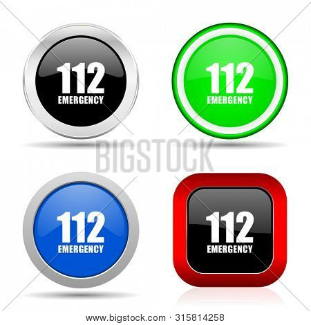 Number emergency 112 red, blue, green and black web glossy icon set in 4 options