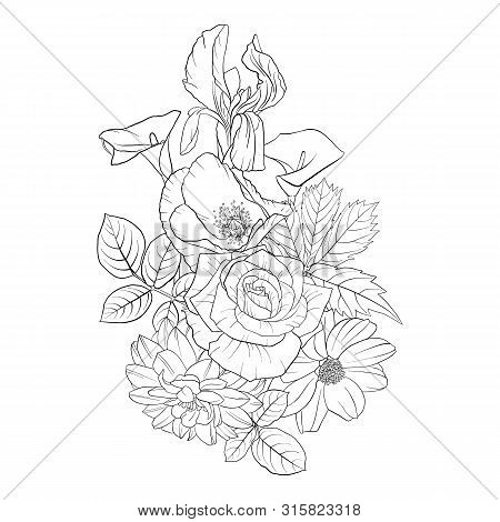 Vector Drawing Flowers, Decorative Rosette, Stylized Designtemplate, Isolated Floral Element, Hand D