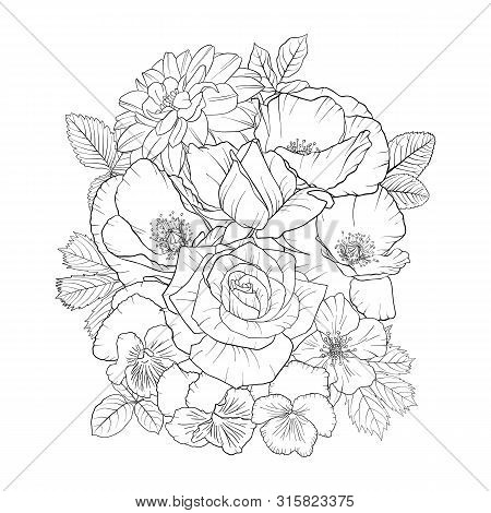 Vector Drawing Flowers, Decorative Rosette, Stylized Designtemplate, Isolated Floral Element, Hand D