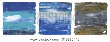 Abstract blue color acrylic and watercolor painting. Monoprinting  template. Canvas texture background. Isolated on white. 