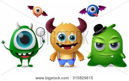 Cute Monsters Vector Character Set. Little Cute Monsters With Scary And Crazy Faces For Design Eleme