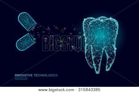 3d Tooth Innovation Dentistry Polygonal Concept. Medication Drug Pill Symbol Low Poly. Enamel Restor